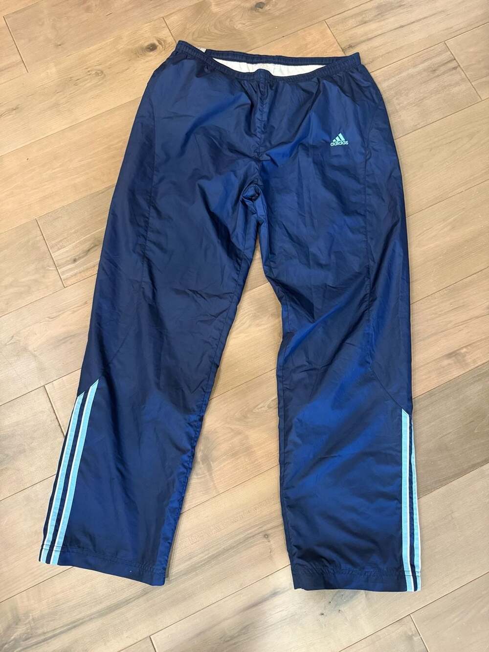 Vintage Adidas Navy Blue Nylon Track Pants with 3-Stripe Detail